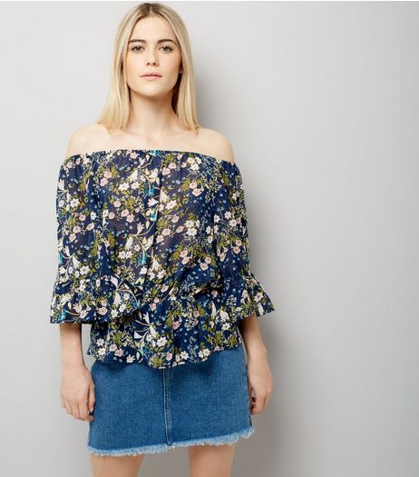 Blue Vanilla Navy Floral Print Bardot Neck Top | New Look