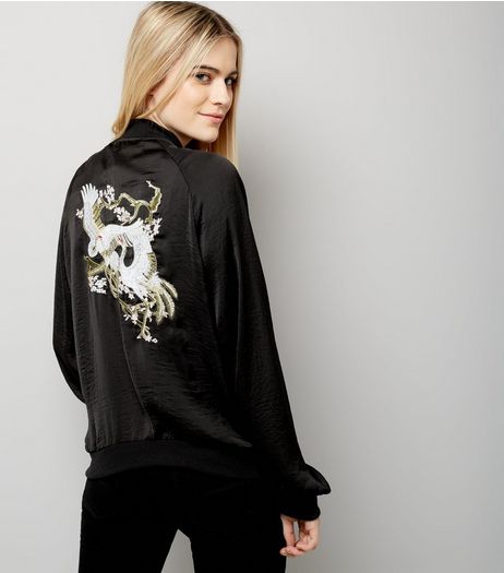 Blue Vanilla Black Floral Embroidered Bomber Jacket | New Look