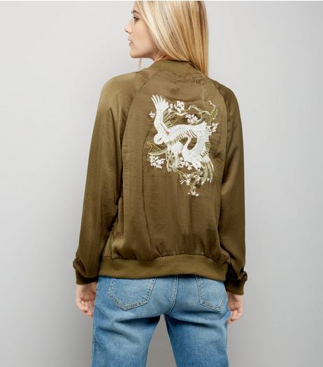 Blue Vanilla Khaki Embroidered Back Satin Bomber Jacket | New Look