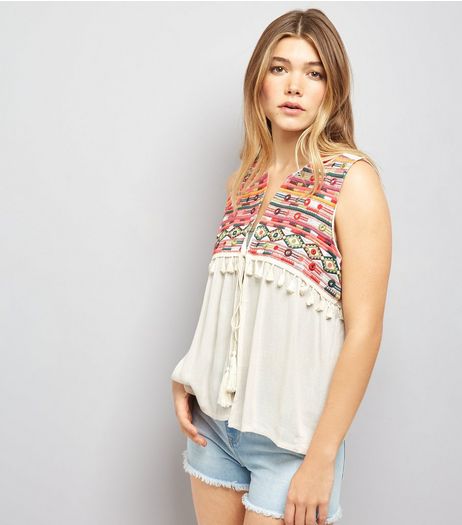 Blue Vanilla Cream Aztec Detail Tie Front Waistcoat | New Look