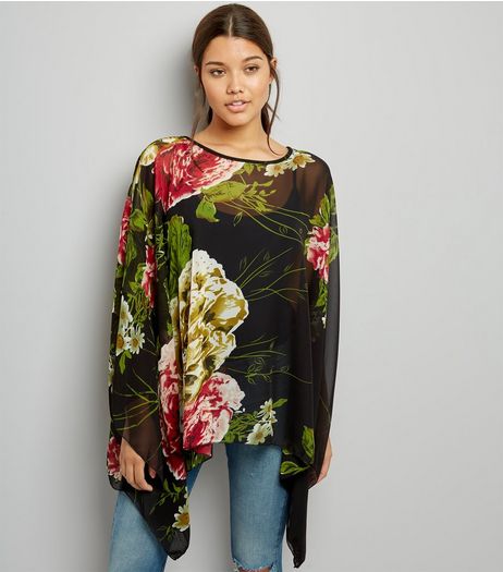 Blue Vanilla Black Rose Print Chiffon Top | New Look