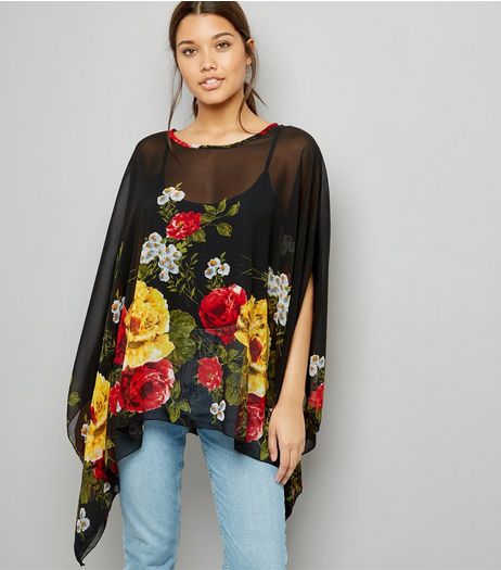 Blue Vanilla Black Floral Print Chiffon Top | New Look