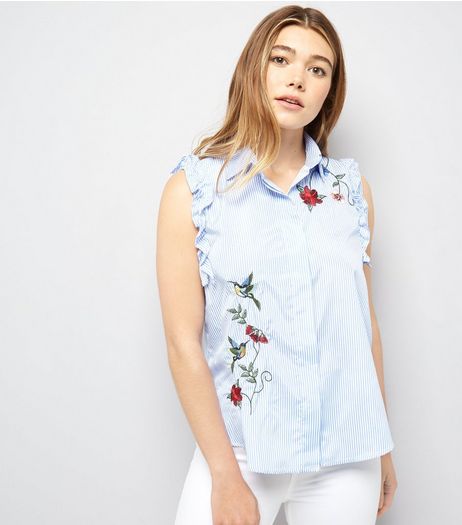 Blue Vanilla Blue Stripe Floral Embroidered Frill Trim Shirt | New Look