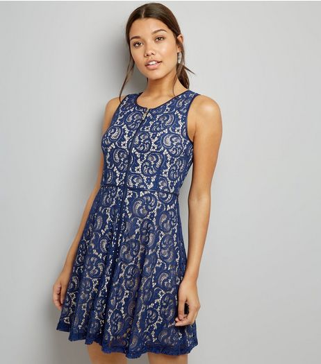 Blue Vanilla Navy Lace Zip Front Skater Dress | New Look