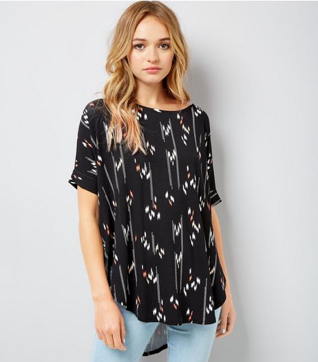Apricot Black Abstract Print Curved Dip Hem Top | New Look