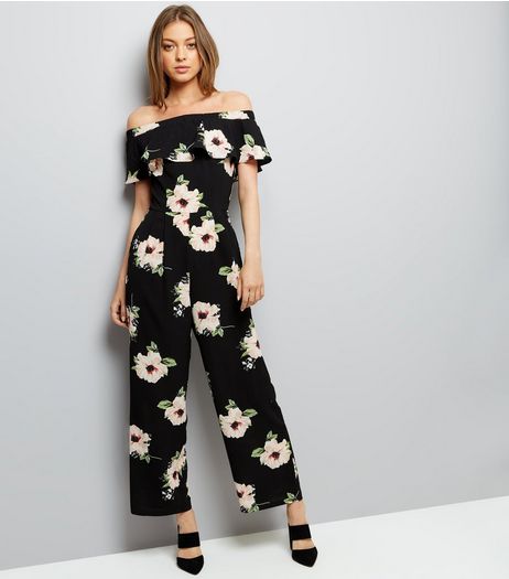 Cameo Rose Black Floral Print Bardot Neck Jumspuit | New Look