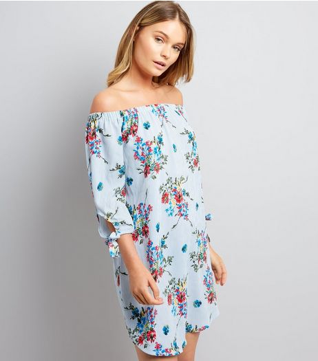 Cameo Rose Blue Floral Print Bardot Neck Dress | New Look