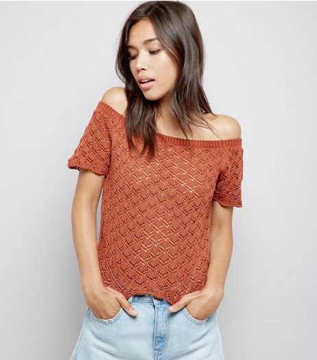 Light Brown Crochet Lace Bardot Neck Top | New Look