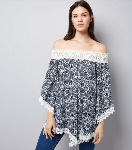Apricot Navy Crochet Trim Off The Shoulder Top | New Look
