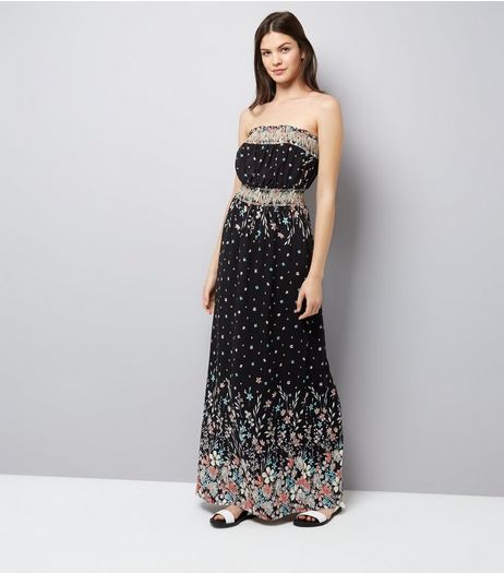 Apricot Black Floral Print Bandeau Maxi Dress | New Look