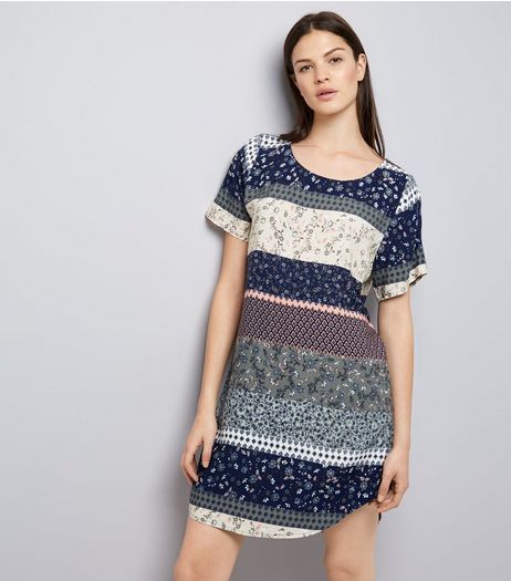 Apricot Navy Floral Panel Curved Hem Dress | New Look