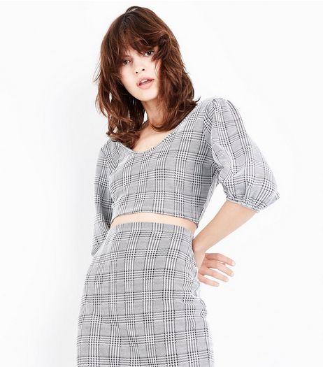 Black Check Puffed Sleeve Crop Top | New Look