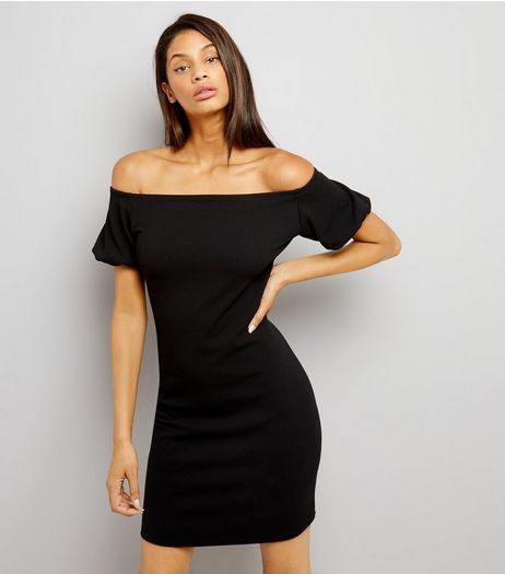 Black Puffed Sleeves Bardot Neck Dress | New Look