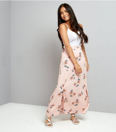 Teens Pink Floral Print Split Side Maxi Skirt | New Look