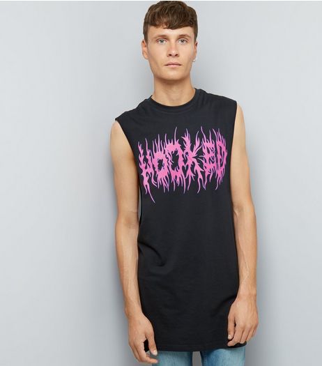 Black Hooked Print Longline Tank Top | New Look
