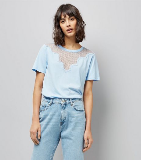 Blue Scalloped Mesh Panel T-Shirt | New Look
