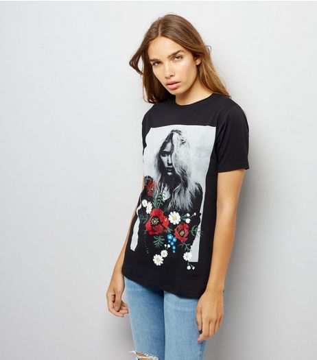 Black Floral Embroidered Photograph T-Shirt | New Look
