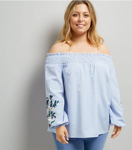 Curves Blue Embroidered Sleeve Bardot Top | New Look