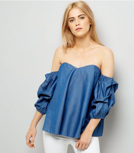 Blue Sweetheart Ruched Sleeve Denim Top | New Look