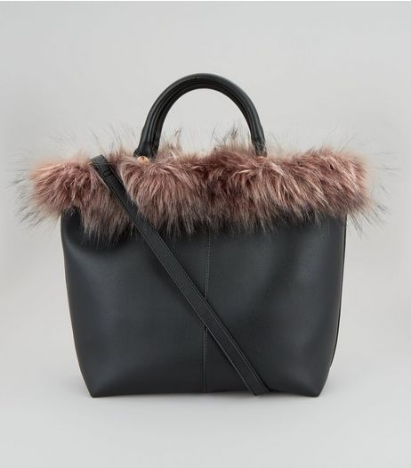 Black Faux Fur Trim Tote Bag | New Look