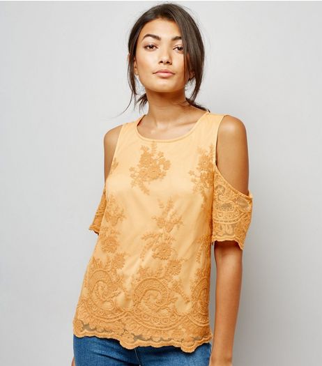 Yellow Floral Embroidered Mesh Cold Shoulder Top | New Look