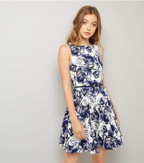 Apricot Blue Floral Print Belted Skater Dress | New Look