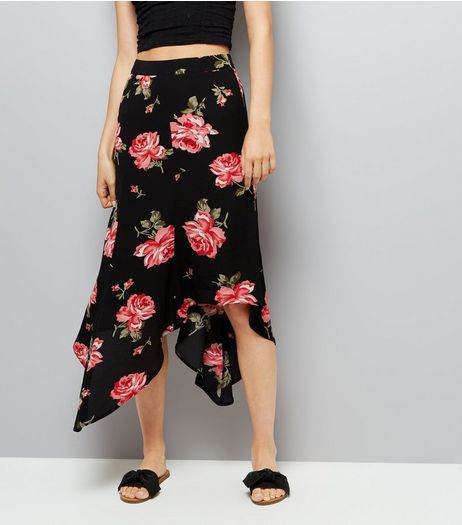 Cameo Rose Black Floral Print Asymmetric Hem Skirt | New Look