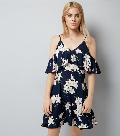 AX Paris Navy Floral Print Frill Cold Shoulder Dress | New Look