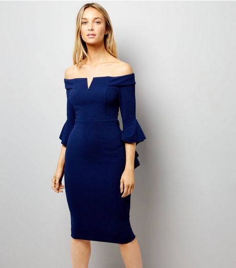 AX Paris Navy Bardot Neck Frill Sleeve Dress | New Look