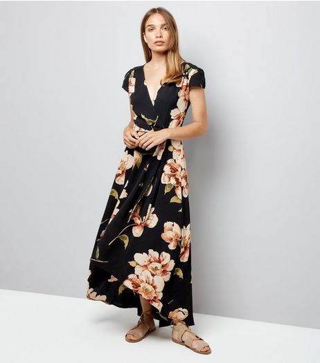 AX Paris Black Floral Wrap Front Dress | New Look
