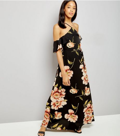 AX Paris Black Floral Print Cold Shoulder Dress | New Look