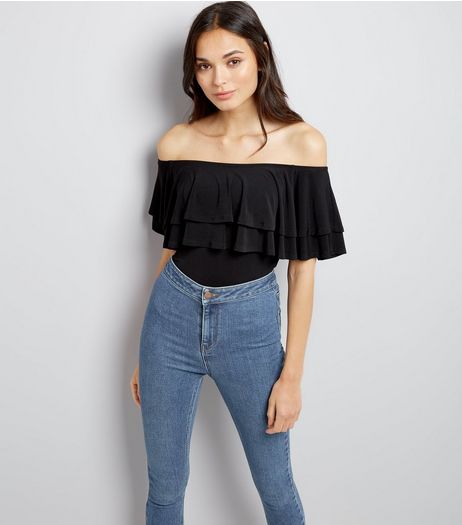 Tall Black Double Frill Bardot Neck Bodysuit | New Look