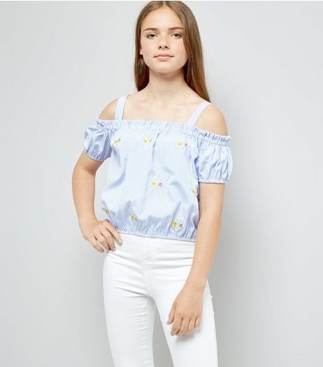 Teens Blue Stripe Floral Embroidered Top | New Look