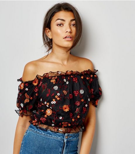 Black Mesh Floral Embroidered Bardot Neck Top | New Look