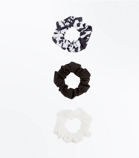 3 Pack Black White and Marble Print Scrunchies | New Look