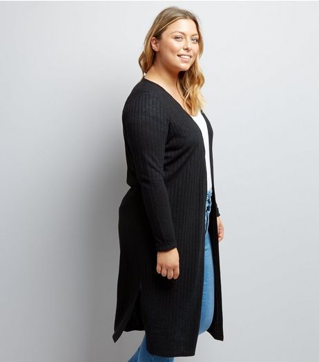 Curves Black Ribbed Midi Cardigan | New Look