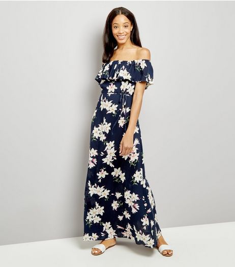 AX Paris Navy Floral Print Bardot Neck Maxi Dress | New Look