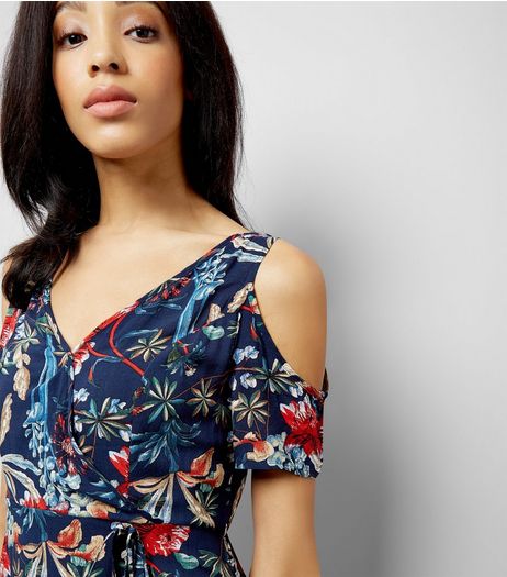 AX Paris Blue Floral Cold Shoulder Maxi Dress | New Look