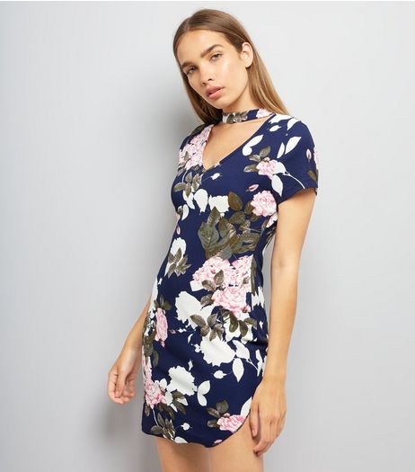 AX Paris Blue Floral Print Choker Neck Dress | New Look