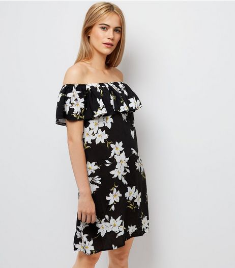 AX Paris Black Floral Frill Bardot Dress | New Look