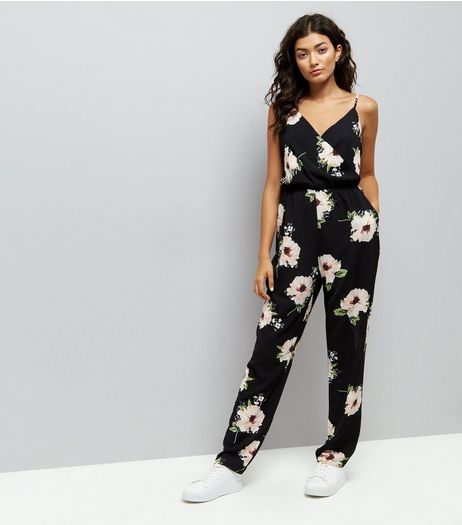 AX Paris Black Floral Wrap Front Jumpsuit | New Look