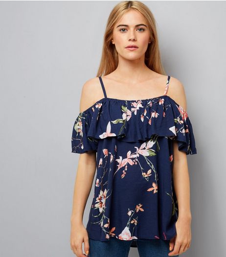 AX Paris Navy Floral Print Cold Shoulder Top | New Look