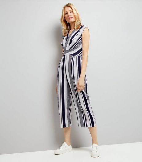 AX Paris Blue Stripe Wrap Front Jumpsuit | New Look