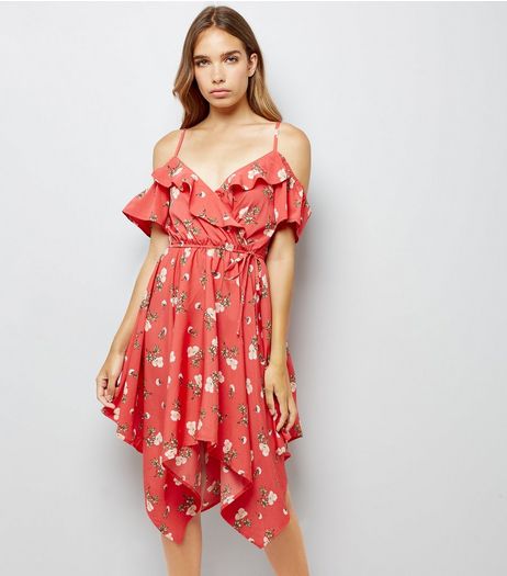 Red Floral Print Hanky Hem Cold Shoulder Dress | New Look