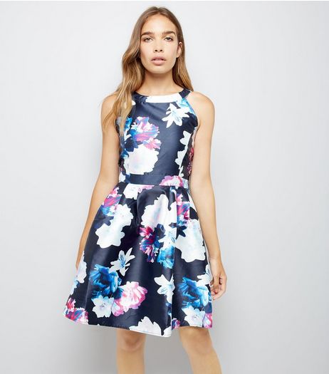 AX Paris Blue Floral Print Skater Dress | New Look