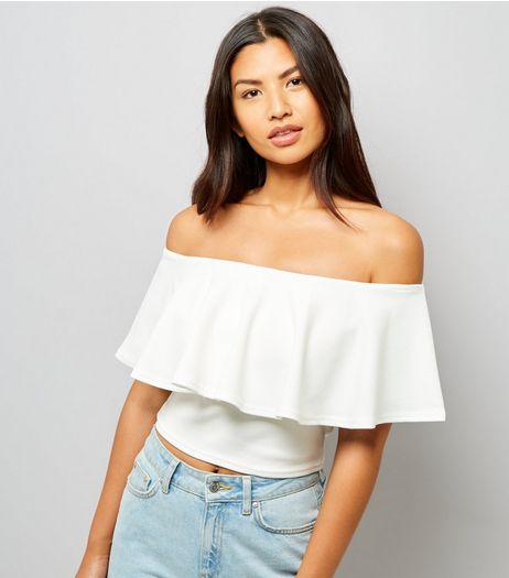 Cameo Rose White Frill Trim Bardot Neck Top | New Look