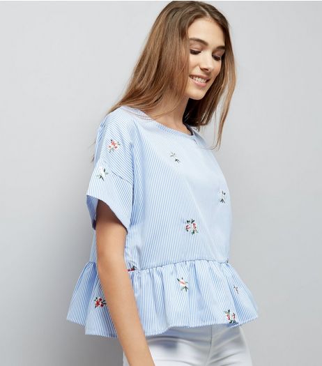 Cameo Rose Blue Stripe Floral Embroidered Top | New Look