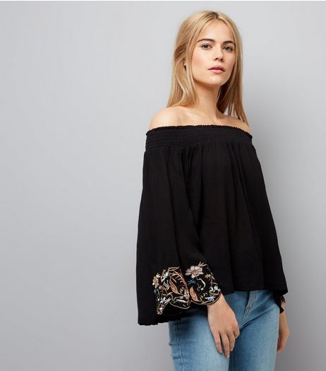 Cameo Rose Black Embroidered Sleeve Bardot Neck Top | New Look