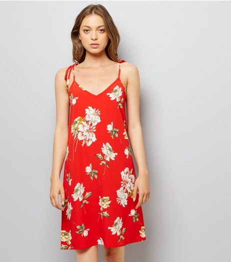 Cameo Rose Red Floral Print Tie Strap Dress | New Look