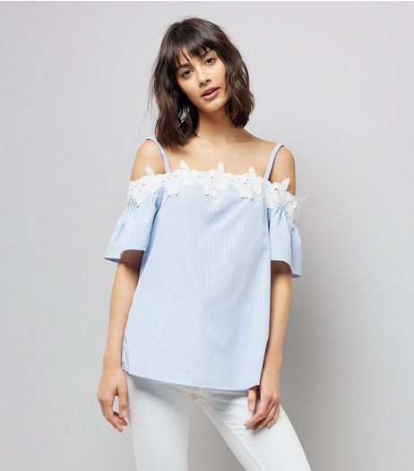 Tall Blue Stripe Crochet Trim Cold Shoulder Top | New Look